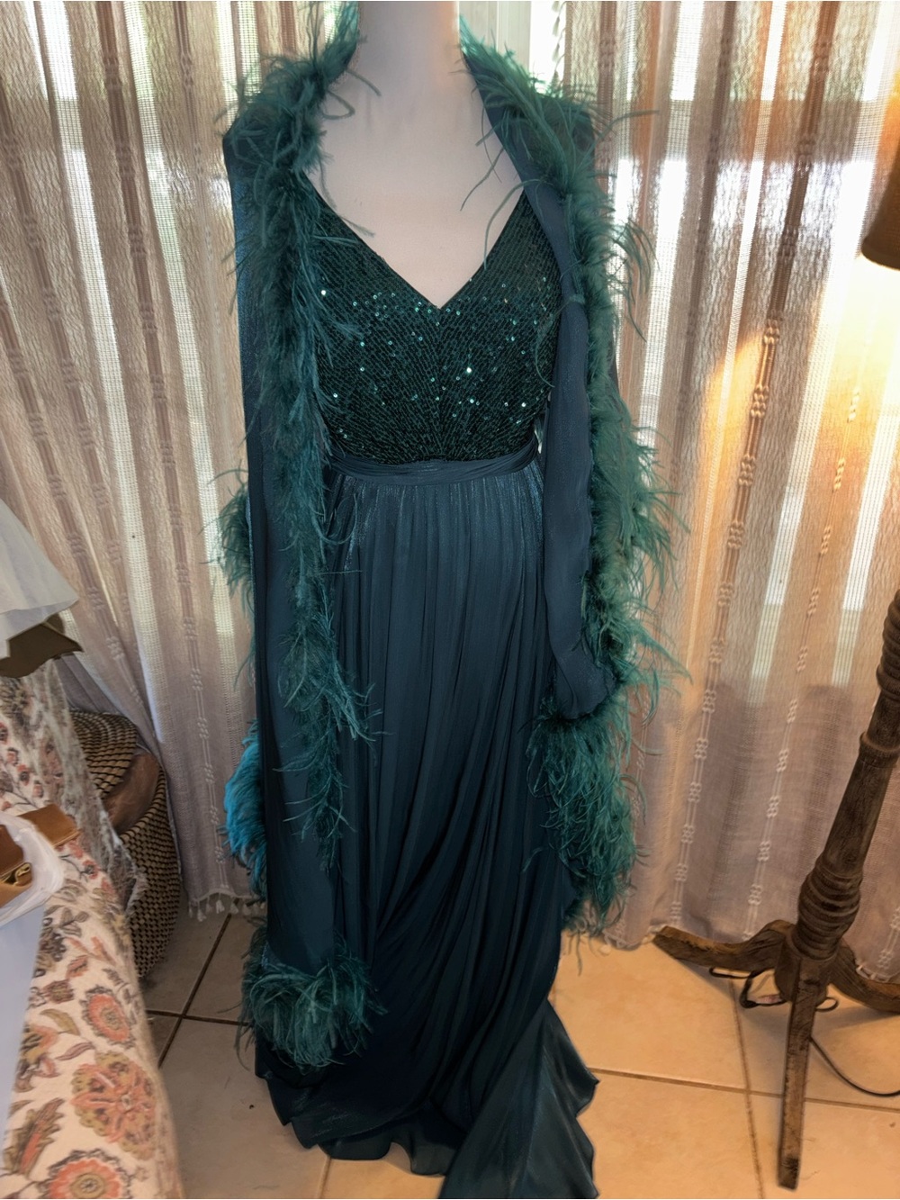 Badgley Mischka Teal Sequin Feather Trim Dress